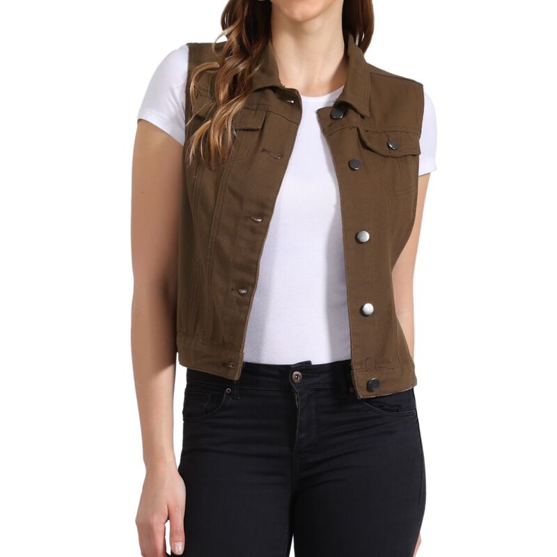 アレグラ ケー レディース アウター 上衣・上衣 限りない ジーンズ ALLEGRA K Women\u0027s Washed Chest Flapocketsingle Breastedenim Vest Jacket Coffee 珈琲
