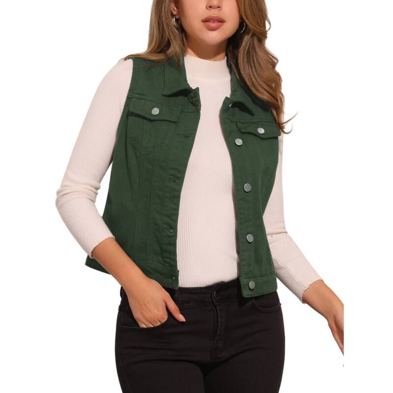 アレグラ ケー レディース アウター 上衣・上衣 限りない ジーンズ ALLEGRA K Women\u0027s Washed Chest Flapocketsingle Breastedenim Vest Jacket Dark Green 緑であること