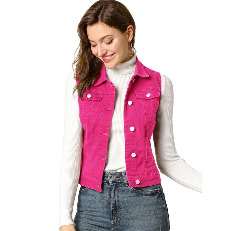 アレグラ ケー レディース アウター 上衣・上衣 限りない ジーンズ ALLEGRA K Women\u0027s Washed Chest Flapocketsingle Breastedenim Vest Jacket Fuchsia フューシャ