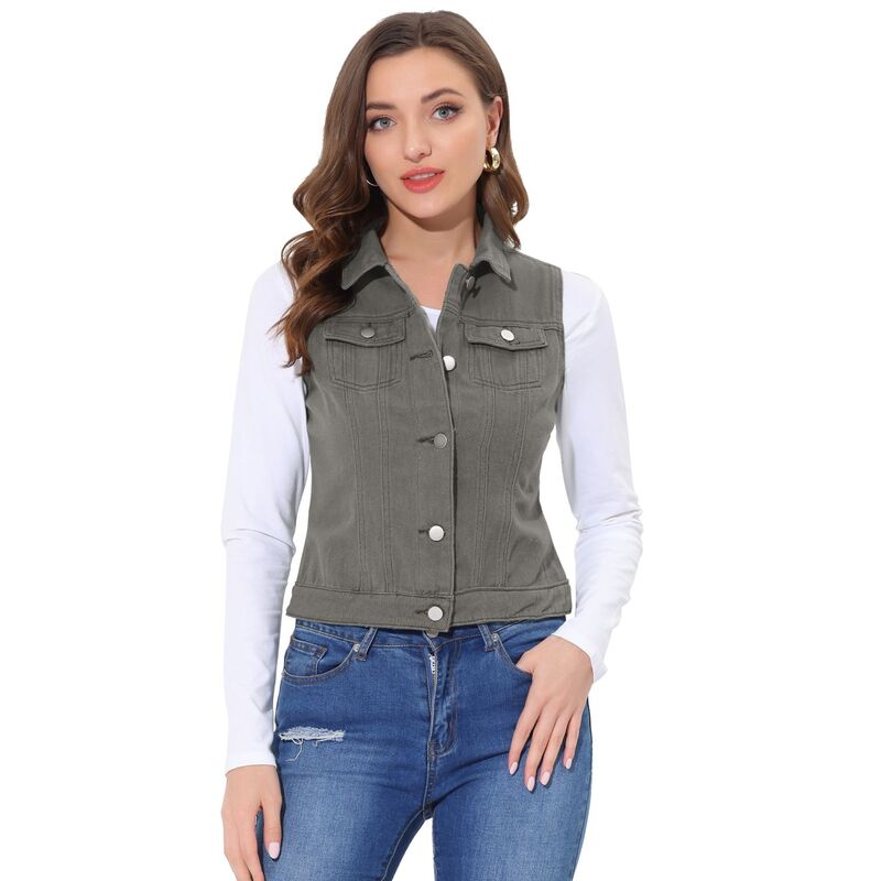 アレグラ ケー レディース アウター 上衣・上衣 限りない ジーンズ ALLEGRA K Women\u0027s Washed Chest Flapocketsingle Breastedenim Vest Jacket Grey 薄墨色