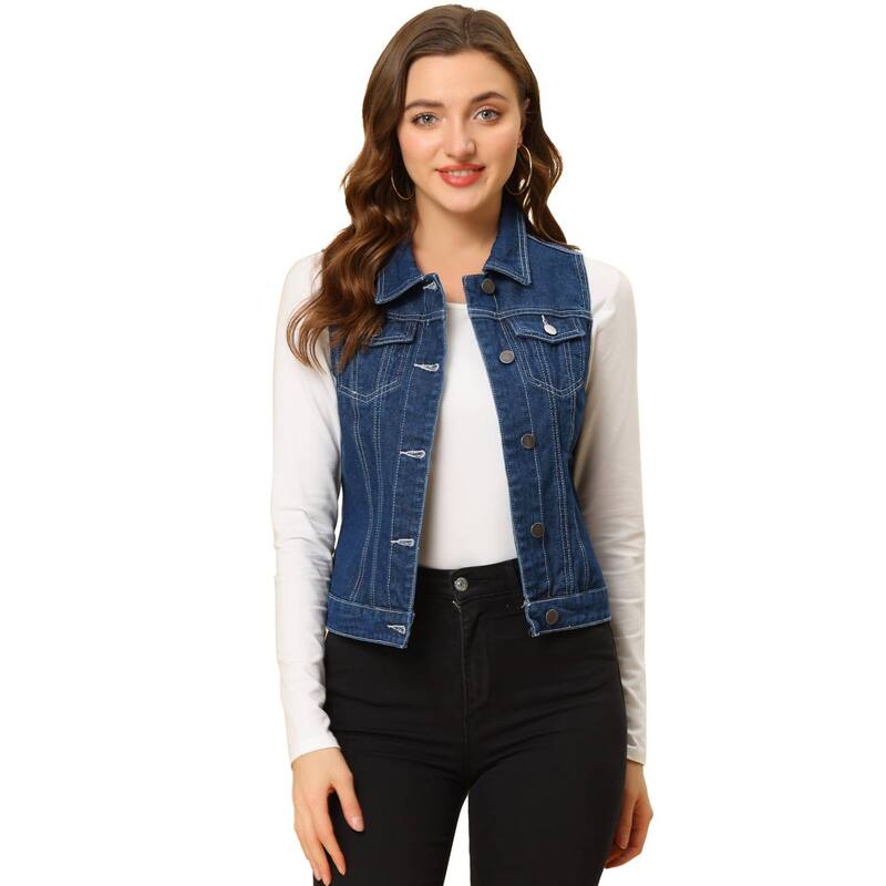 アレグラ ケー レディース アウター 上衣・上衣 限りない ジーンズ ALLEGRA K Women\u0027s Washed Chest Flapocketsingle Breastedenim Vest Jacket Indigo インディゴ