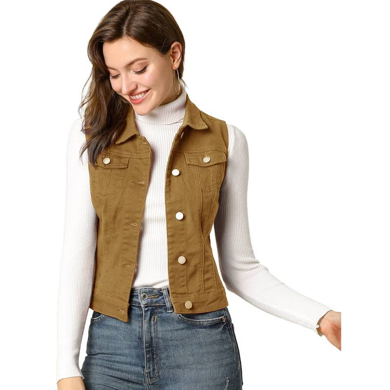 アレグラ ケー レディース アウター 上衣・上衣 限りない ジーンズ ALLEGRA K Women\u0027s Washed Chest Flapocketsingle Breastedenim Vest Jacket Khaki カーキ
