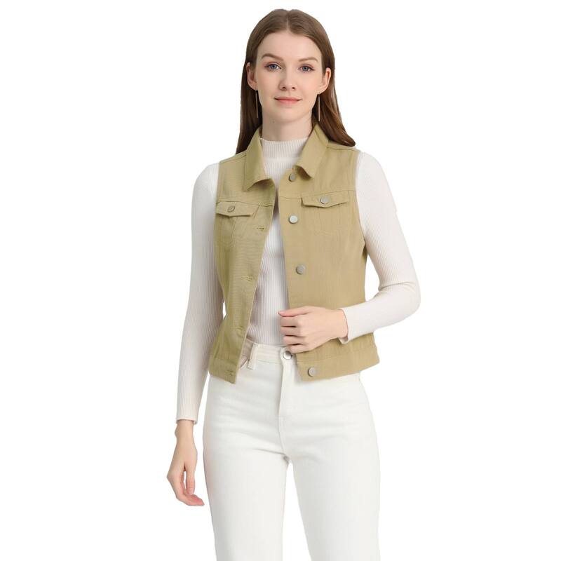 アレグラ ケー レディース アウター 上衣・上衣 限りない ジーンズ ALLEGRA K Women\u0027s Washed Chest Flapocketsingle Breastedenim Vest Jacket Light Khaki カーキ