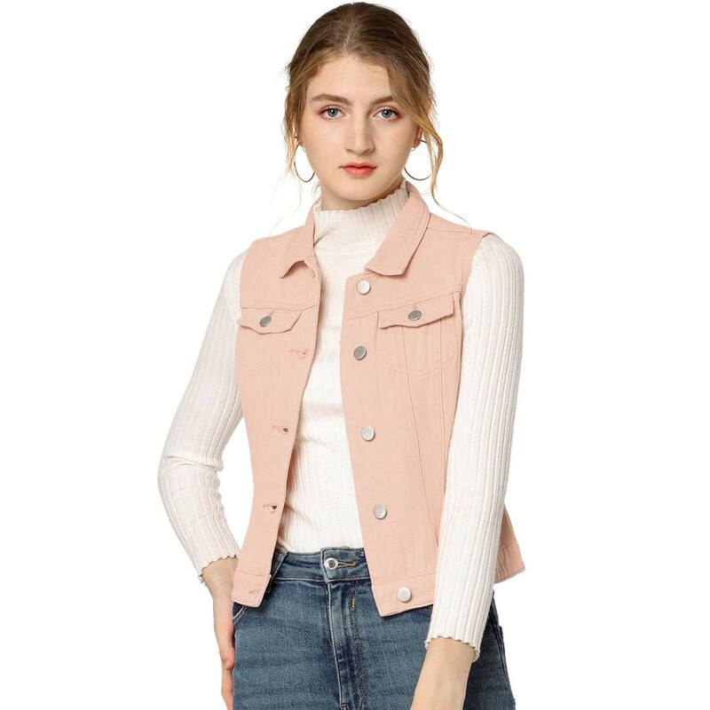 アレグラ ケー レディース アウター 上衣・上衣 限りない ジーンズ ALLEGRA K Women\u0027s Washed Chest Flapocketsingle Breastedenim Vest Jacket Pink サクラ色