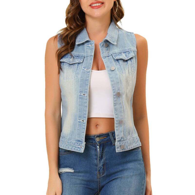 アレグラ ケー レディース アウター 上衣・上衣 限りない ジーンズ ALLEGRA K Women\u0027s Washed Chest Flapocketsingle Breastedenim Vest Jacket Sky Blue 青み