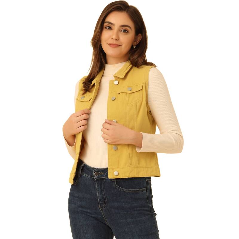 アレグラ ケー レディース アウター 上衣・上衣 限りない ジーンズ ALLEGRA K Women\u0027s Washed Chest Flapocketsingle Breastedenim Vest Jacket Yellow 黄色