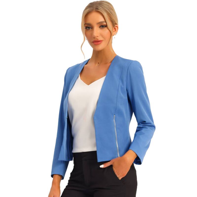 アレグラ ケー レディース アウター 上衣・上衣 クロップド スポーツジャケット ALLEGRA K Women\u0027s Workwear Zipper Collarless Cropped Blazer Blue 青み