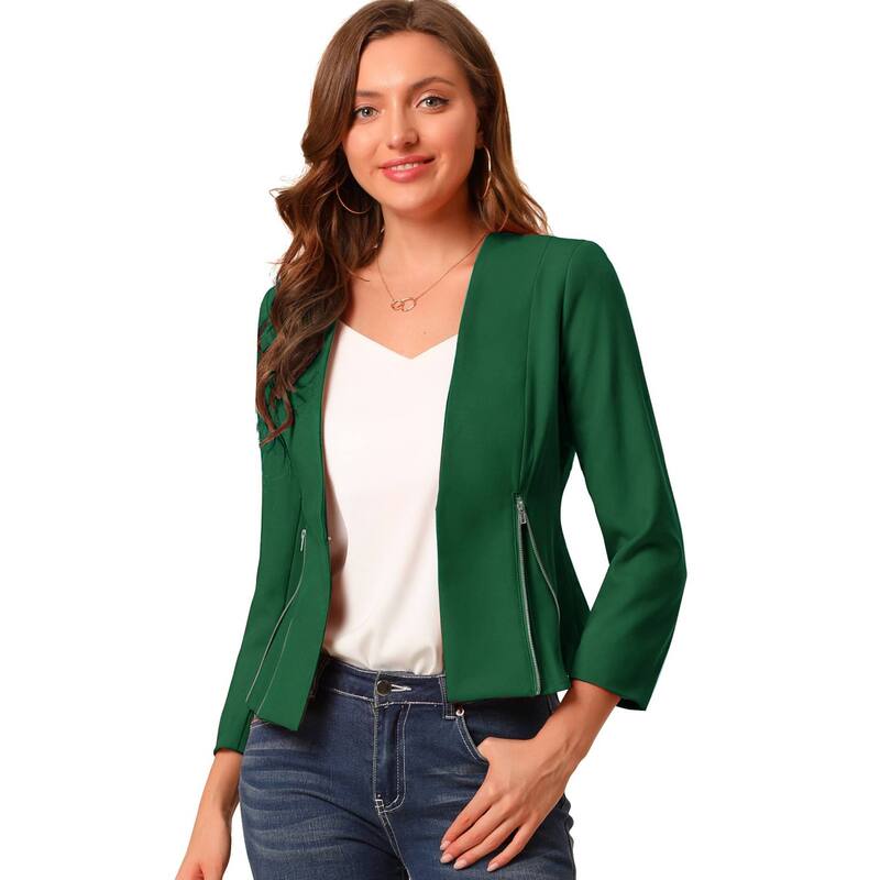 アレグラ ケー レディース アウター 上衣・上衣 クロップド スポーツジャケット ALLEGRA K Women\u0027s Workwear Zipper Collarless Cropped Blazer Green 緑であること