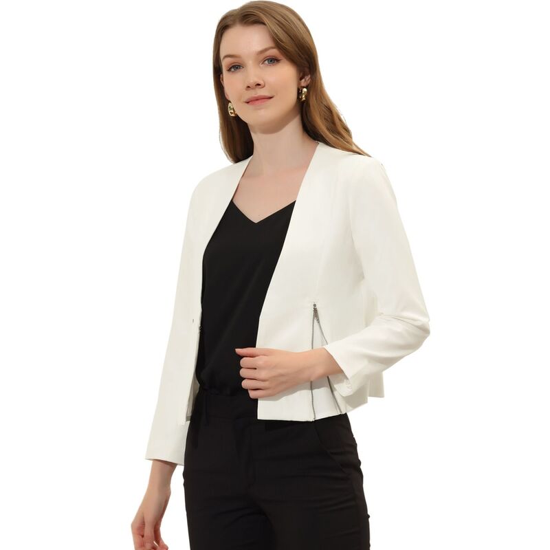 アレグラ ケー レディース アウター 上衣・上衣 クロップド スポーツジャケット ALLEGRA K Women\u0027s Workwear Zipper Collarless Cropped Blazer White 白いこと