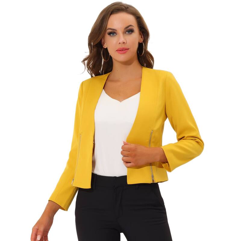 アレグラ ケー レディース アウター 上衣・上衣 クロップド スポーツジャケット ALLEGRA K Women\u0027s Workwear Zipper Collarless Cropped Blazer Yellow 黄色