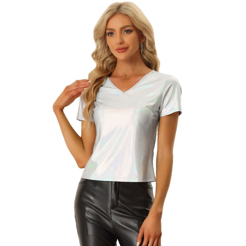 アレグラ ケー レディース トップス Tシャツ Vネック トール ALLEGRA K Party Tops For Women's V Neck Short Sleeve Shiny Metallic Top Silver シルバー|ReVida 店