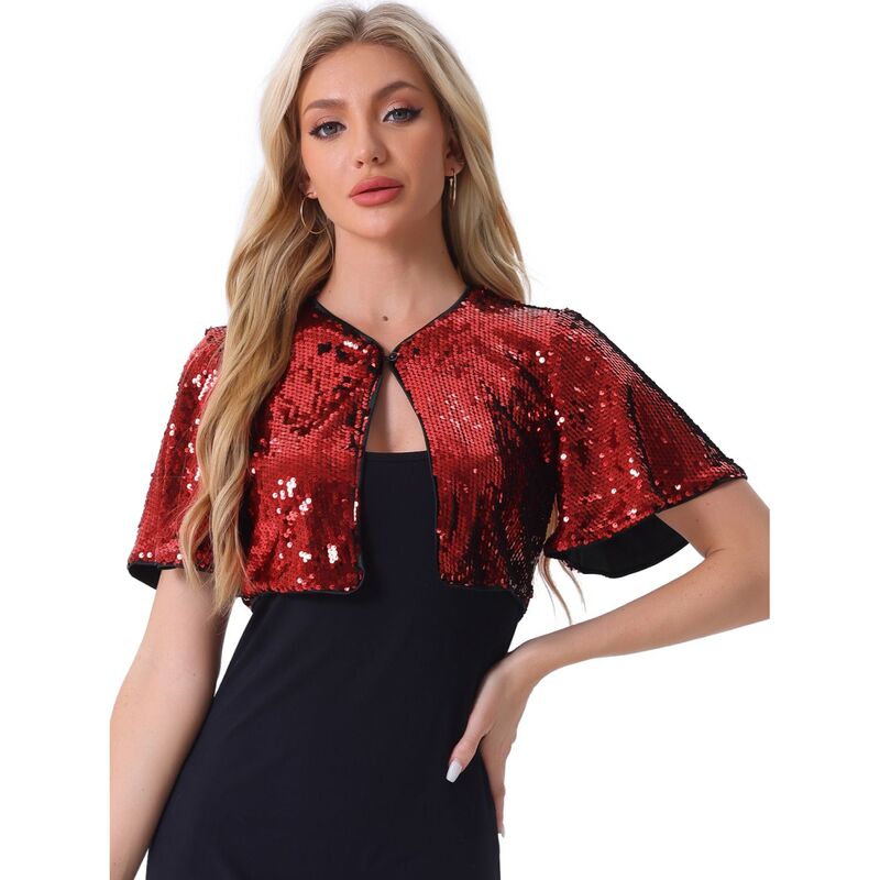 アレグラ ケー レディース アウター ニット・セーター スパンコール ジャケット ALLEGRA K Sequin Shrug Bolero For Women's Flared Sleeve Crop Sparkly Glitter Jackets Red レッド|ReVida 店