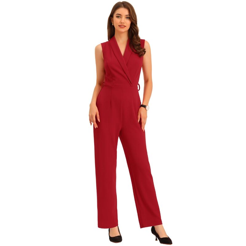 アレグラ ケー レディース トップス ワンピース ロンパース ノースリーブ クロップド ジャンプスーツ ALLEGRA K Women'sleevelesshawl Collar Office Belted Cropped Jumpsuit Rompered レッド