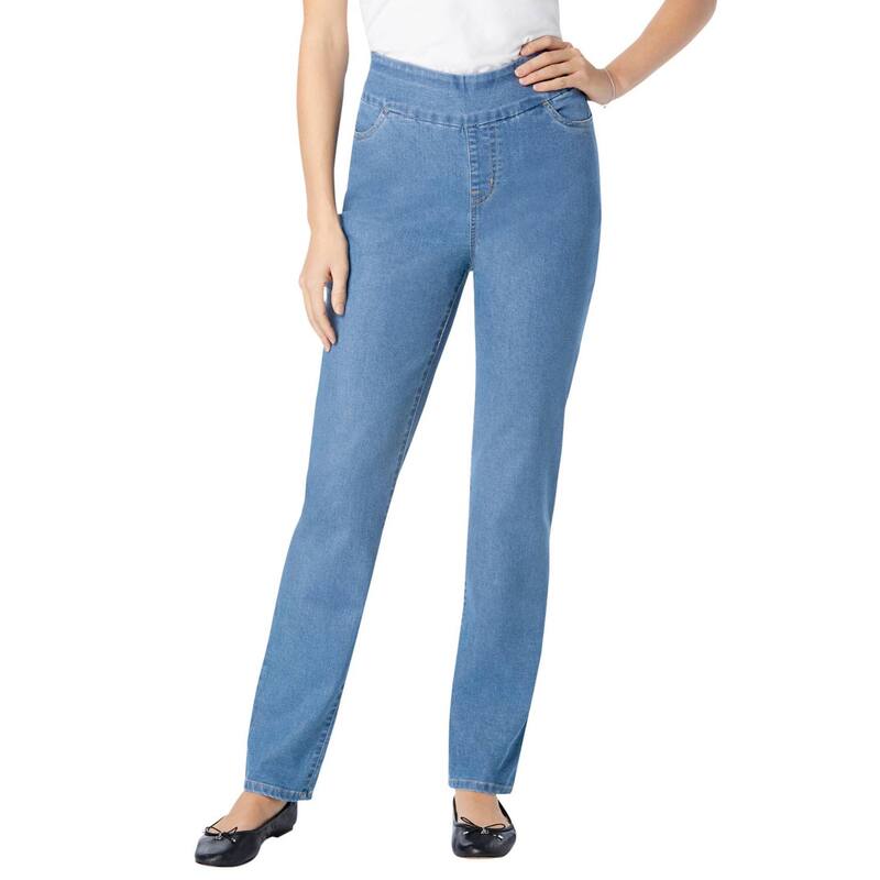 ウーマン ウィズイン レディース ボトムス デニムパンツ プラスサイズ ジーンズ Woman Within Plusize Pull-On Straight-Legap-Free Stretch Denim Jeans Light Stonewash デニム