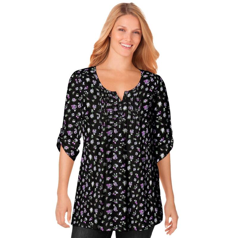成人女性 ウィズはたご屋 レディース トップス プルオーバー 足し加える大きさ Woman Within Plusize 7-Day Three-Quarter Sleeve Pintucked Henley Tunic Black Soft Iris Pretty 黒いこと