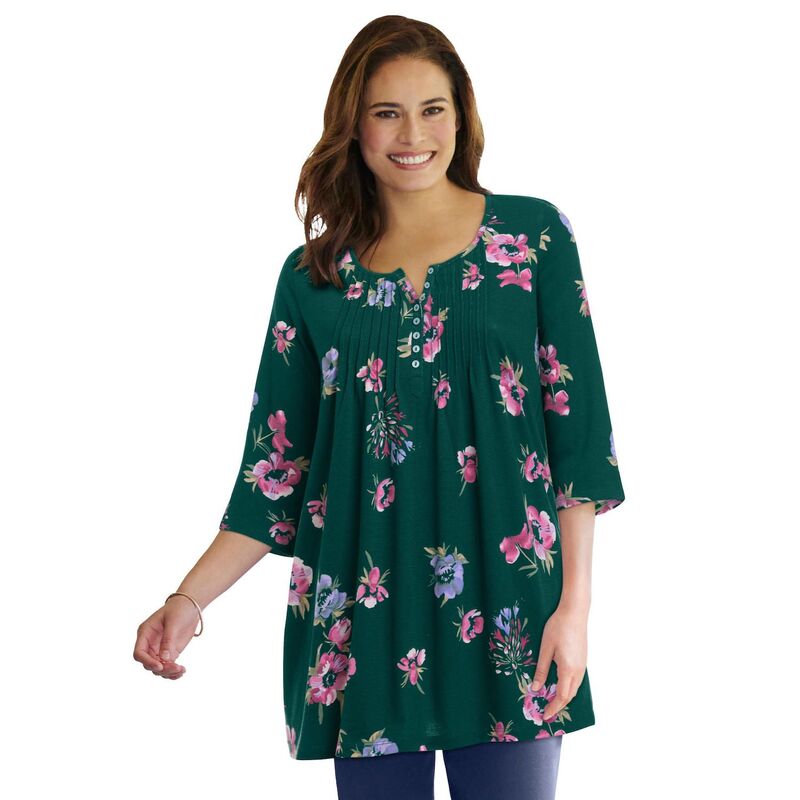 成人女性 ウィズはたご屋 レディース トップス プルオーバー 足し加える大きさ Woman Within Plusize 7-Day Three-Quarter Sleeve Pintucked Henley Tunic Emerald Green Magnolia 緑であること
