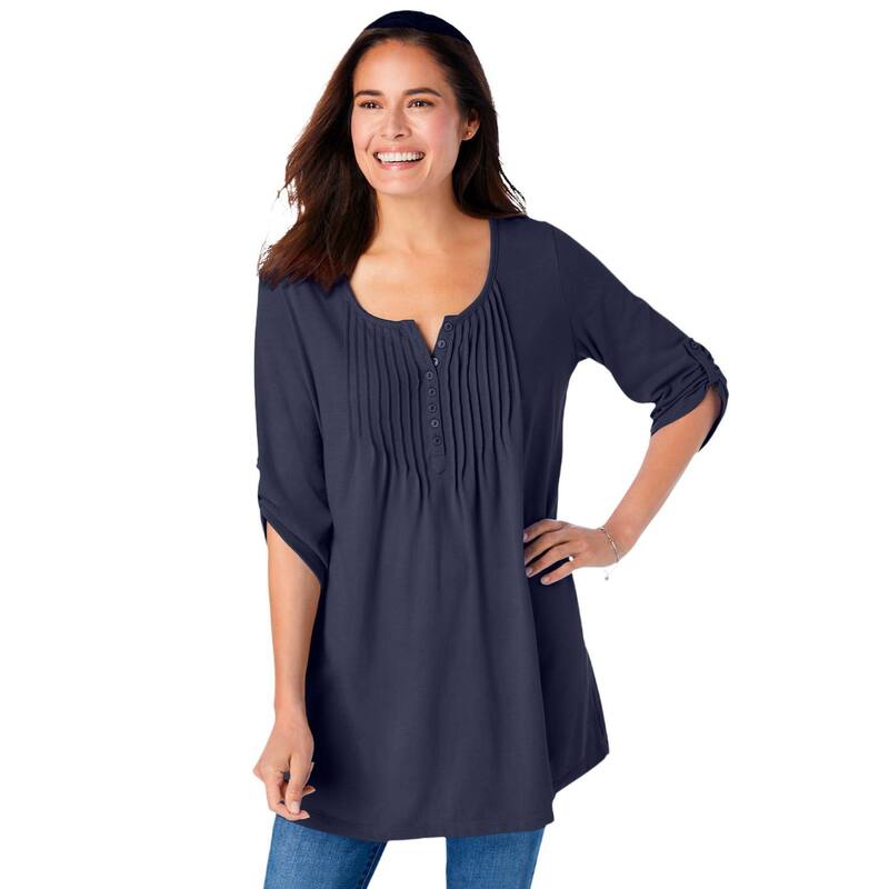 成人女性 ウィズはたご屋 レディース トップス プルオーバー つけ加える大きさ Woman Within Plusize 7-Day Three-Quarter Sleeve Pintucked Henley Tunic Navy 米国海軍