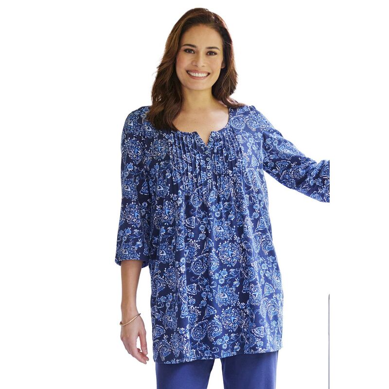 成人女性 ウィズはたご屋 レディース トップス プルオーバー 足し加える大きさ Woman Within Plusize 7-Day Three-Quarter Sleeve Pintucked Henley Tunic Navy Paisley Floral 米国海軍