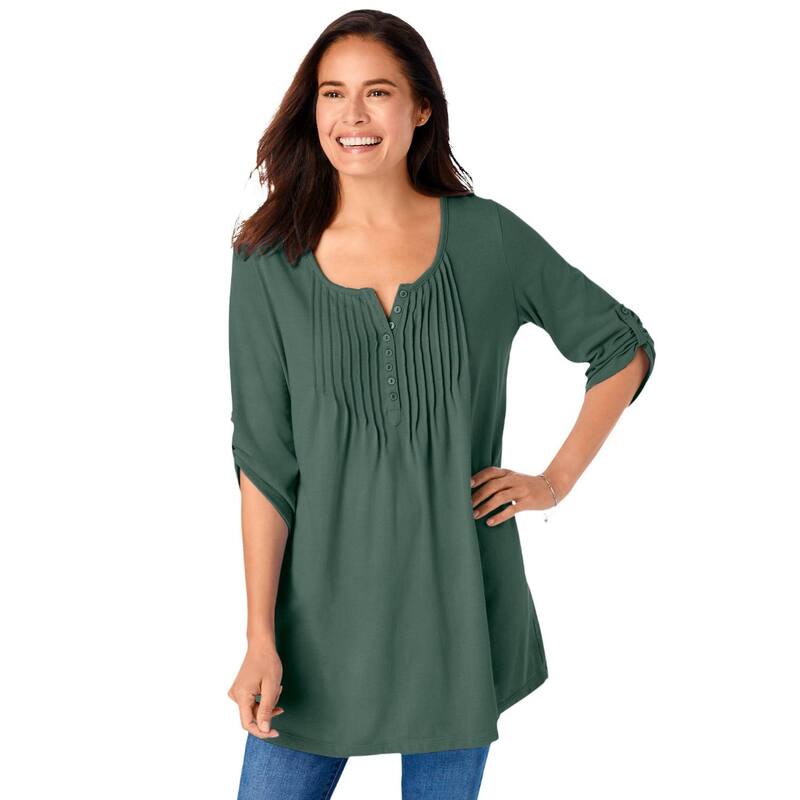 成人女性 ウィズはたご屋 レディース トップス プルオーバー つけ加える大きさ Woman Within Plusize 7-Day Three-Quarter Sleeve Pintucked Henley Tunic Pine