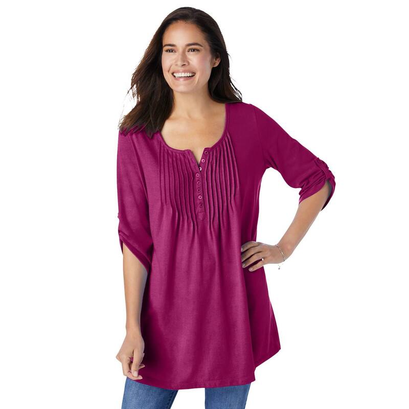 成人女性 ウィズはたご屋 レディース トップス プルオーバー 足し加える大きさ Woman Within Plusize 7-Day Three-Quarter Sleeve Pintucked Henley Tunic Raspberry