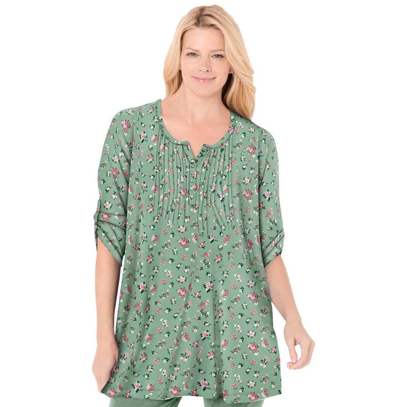 成人女性 ウィズはたご屋 レディース トップス プルオーバー つけ加える大きさ Woman Within Plusize 7-Day Three-Quarter Sleeve Pintucked Henley Tunic Sage Pretty Bouquet サルヴィア