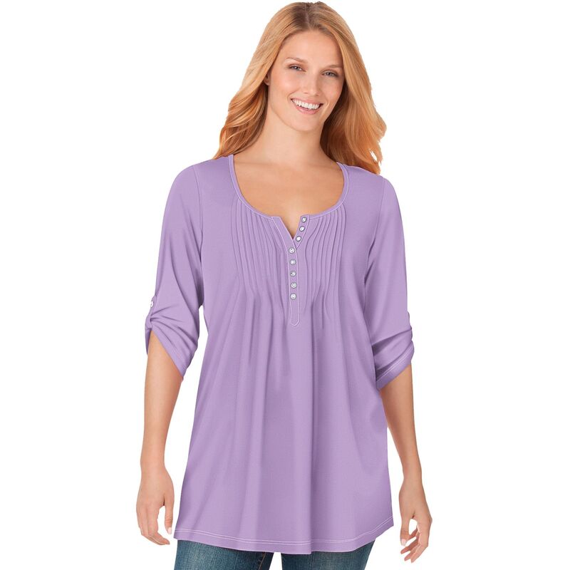成人女性 ウィズはたご屋 レディース トップス プルオーバー 足し加える大きさ Woman Within Plusize 7-Day Three-Quarter Sleeve Pintucked Henley Tunic Soft Iris