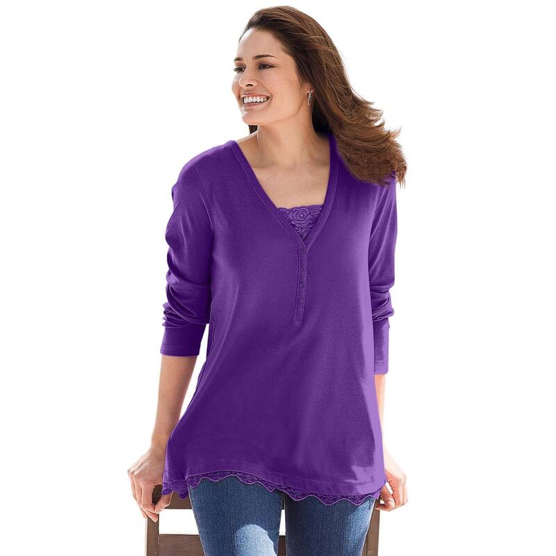 ウーマン ウィズイン レディース トップス Tシャツ レーストリム プラスサイズ レース Woman Within Plusize Layered-Look Lace Trim Tee Radiant Purple パープル｜ReVida 店