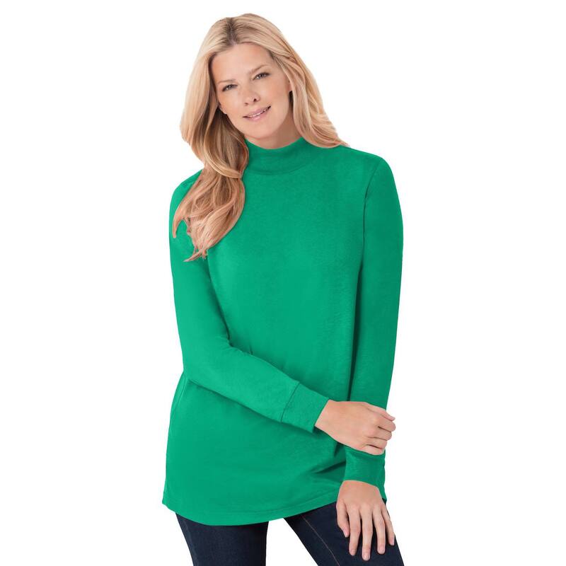 ウーマン ウィズイン レディース トップス Tシャツ モックネック プラスサイズ 長袖 Woman Within Plusize Perfect Long-Sleeve Mockneck Tee Tropical Emerald エメラルド