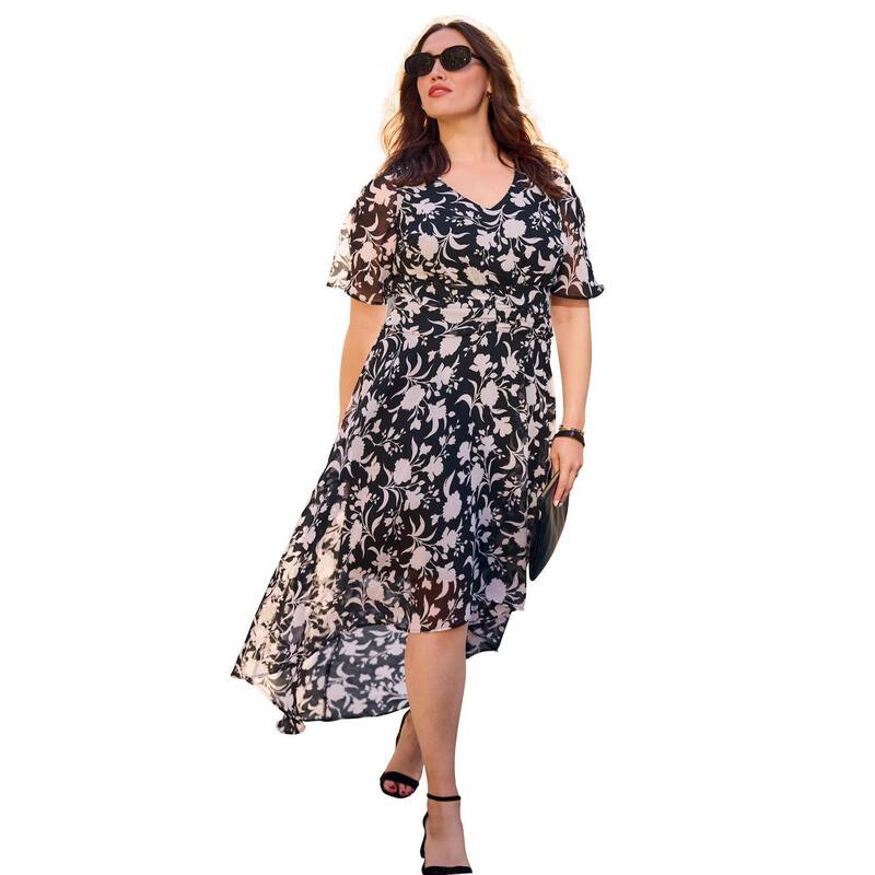 アベニュー レディース トップス ワンピース プラスサイズ ミディ Avenue Women's Plusize High-Low Midi Dress Black Bloom ブラック|ReVida 店