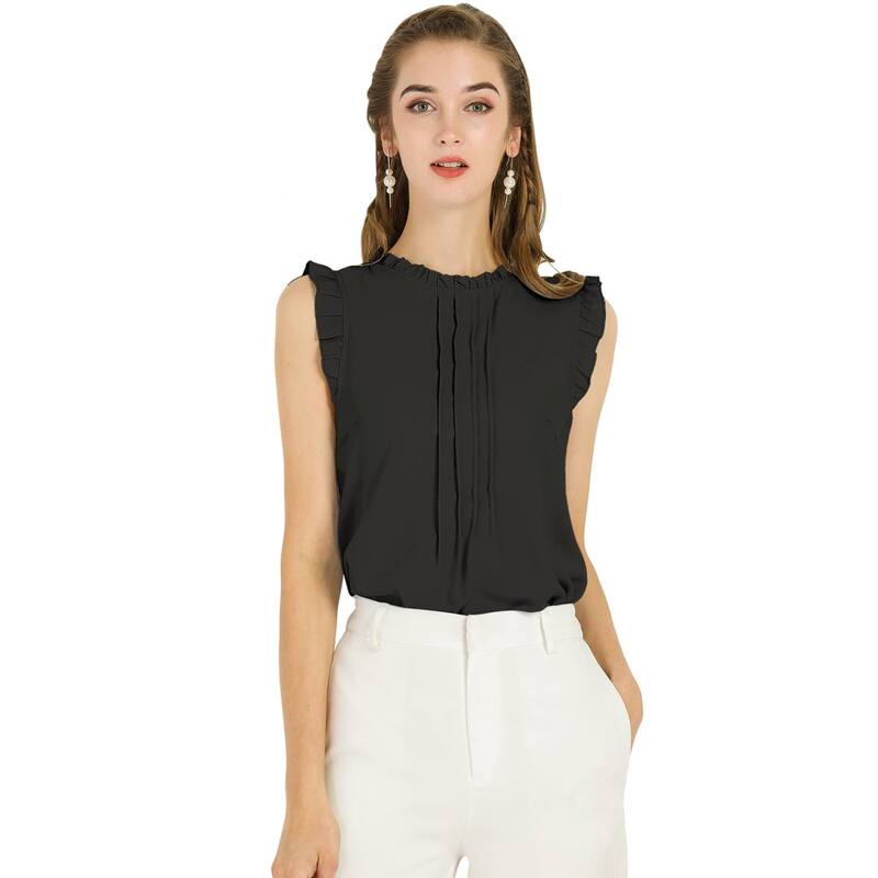 アレグラ ケー レディース トップス シャツ クルーネック プリーツ フリル ノースリーブラウス ALLEGRA K Women's Ruffled Crew Neck Sleeveless Pleated Blouse Tops Black ブラック