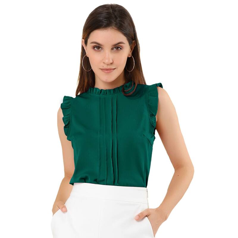 アレグラ ケー レディース トップス シャツ クルーネック プリーツ フリル ノースリーブラウス ALLEGRA K Women's Ruffled Crew Neck Sleeveless Pleated Blouse Tops Dark Green グリーン