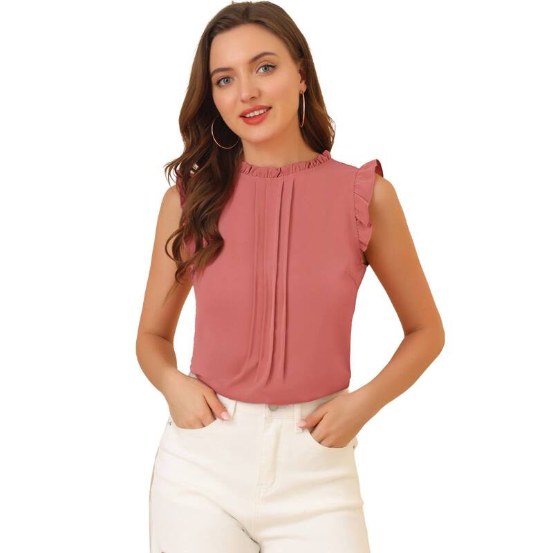 アレグラ ケー レディース トップス シャツ クルーネック プリーツ フリル ノースリーブラウス ALLEGRA K Women's Ruffled Crew Neck Sleeveless Pleated Blouse Tops Dark Pink ピンク｜ReVida 店