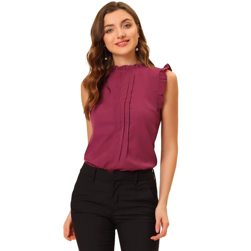 アレグラ ケー レディース トップス シャツ クルーネック プリーツ フリル ノースリーブラウス ALLEGRA K Women's Ruffled Crew Neck Sleeveless Pleated Blouse Tops Dark Red レッド｜ReVida 店