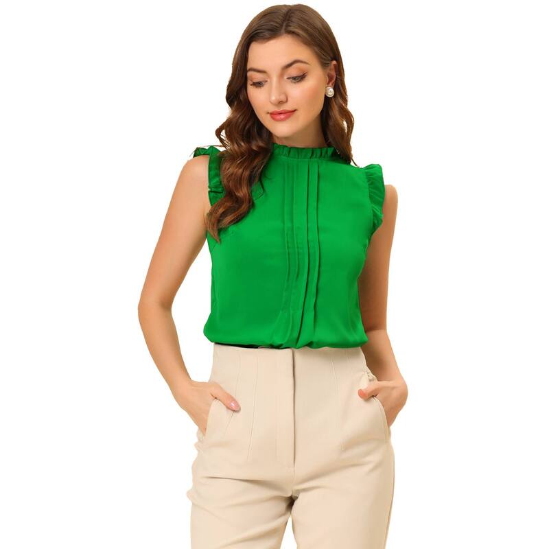 アレグラ ケー レディース トップス シャツ クルーネック プリーツ フリル ノースリーブラウス ALLEGRA K Women's Ruffled Crew Neck Sleeveless Pleated Blouse Tops Green グリーン｜ReVida 店