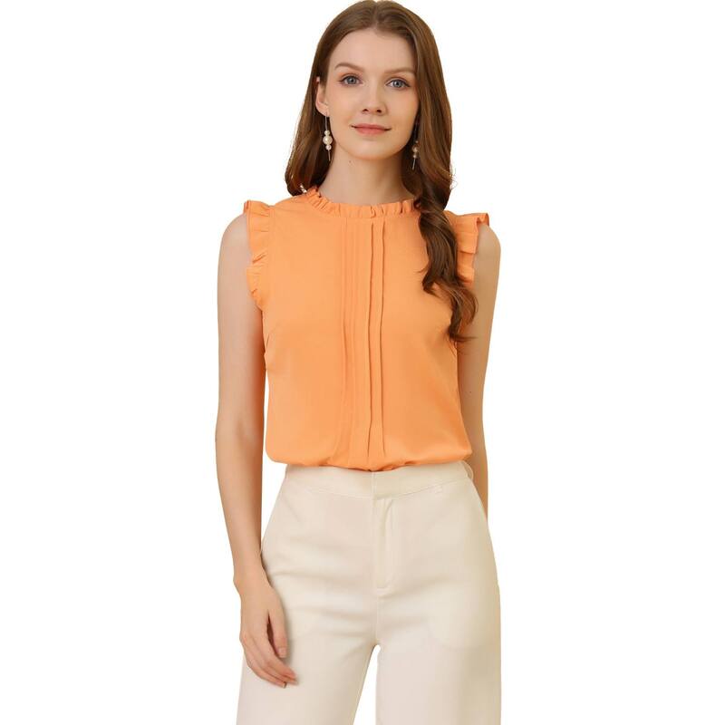 アレグラ ケー レディース トップス シャツ クルーネック プリーツ フリル ノースリーブラウス ALLEGRA K Women's Ruffled Crew Neck Sleeveless Pleated Blouse Tops Orange オレンジ｜ReVida 店