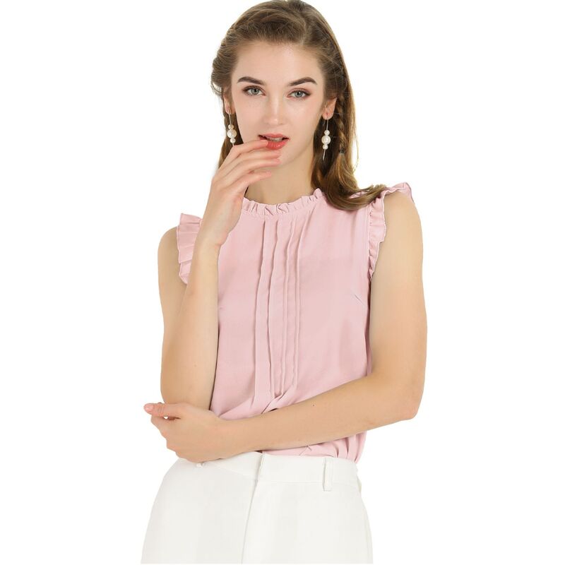 アレグラ ケー レディース トップス シャツ クルーネック プリーツ フリル ノースリーブラウス ALLEGRA K Women's Ruffled Crew Neck Sleeveless Pleated Blouse Tops Pink ピンク