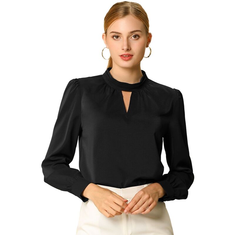 アレグラ ケー レディース トップス シャツ プリーツ ブラウス ALLEGRA K Women's Keyhole Stand Collar Pleated Back Button Blouse Tops Black ブラック