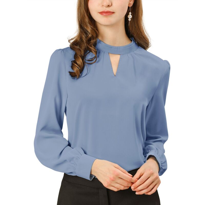 アレグラ ケー レディース トップス シャツ プリーツ ブラウス ALLEGRA K Women's Keyhole Stand Collar Pleated Back Button Blouse Tops Dark Blue ブルー