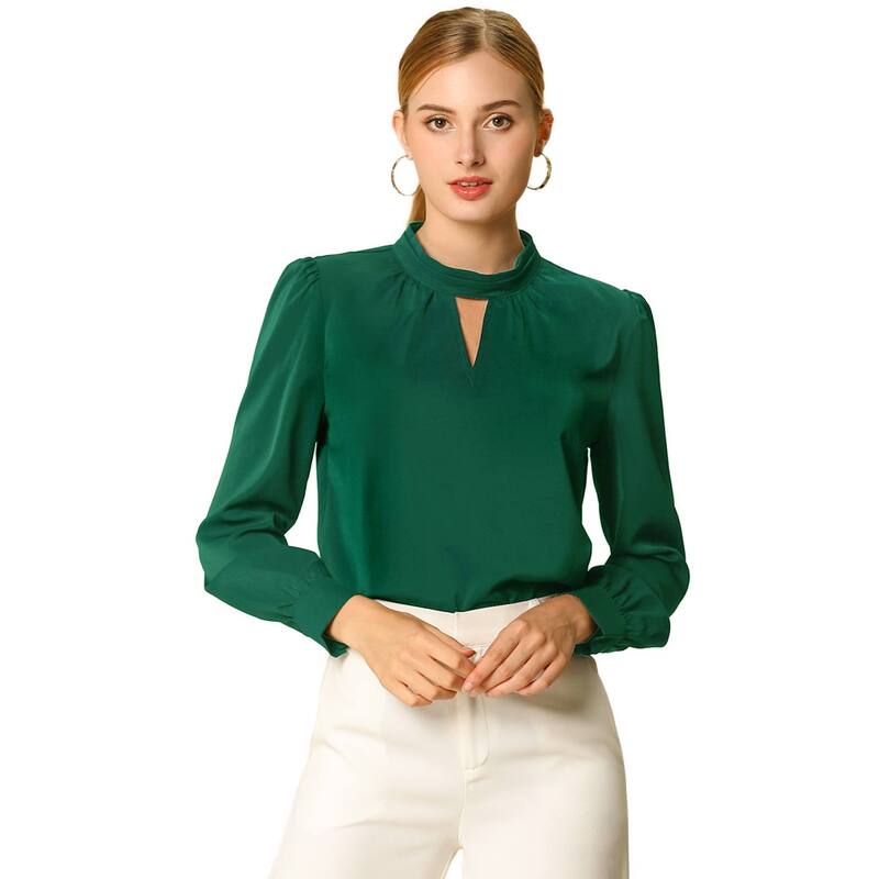 アレグラ ケー レディース トップス シャツ プリーツ ブラウス ALLEGRA K Women's Keyhole Stand Collar Pleated Back Button Blouse Tops Green グリーン