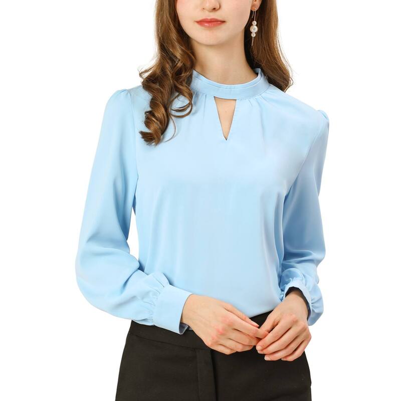 アレグラ ケー レディース トップス シャツ プリーツ ブラウス ALLEGRA K Women Keyhole Stand Collar Pleated Back Button Blouse Tops Light Blue ブルー