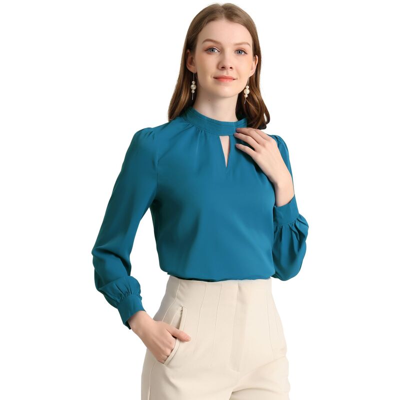 アレグラ ケー レディース トップス シャツ プリーツ ブラウス ALLEGRA K Women Keyhole Stand Collar Pleated Back Button Blouse Tops Peacock Blue ブルー