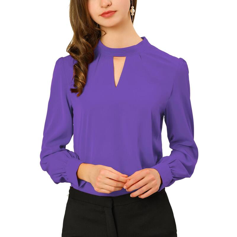 アレグラ ケー レディース トップス シャツ プリーツ ブラウス ALLEGRA K Women Keyhole Stand Collar Pleated Back Button Blouse Tops Purple パープル