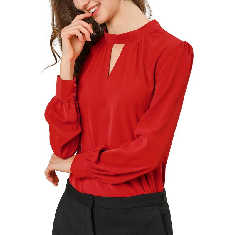 アレグラ ケー レディース トップス シャツ プリーツ ブラウス ALLEGRA K Women Keyhole Stand Collar Pleated Back Button Blouse Tops Red レッド