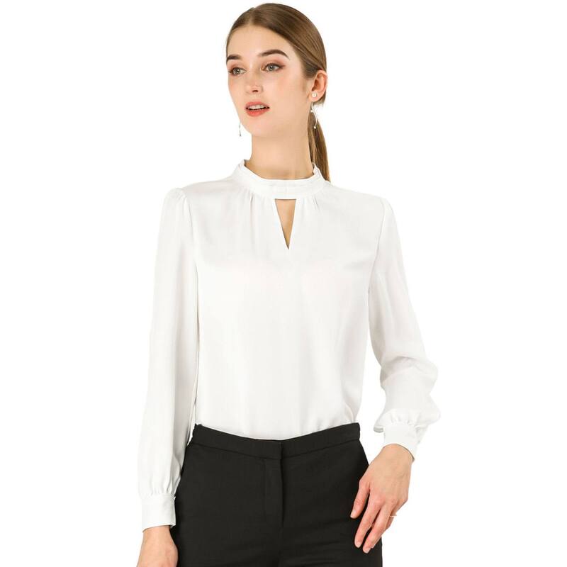 アレグラ ケー レディース トップス シャツ プリーツ ブラウス ALLEGRA K Women Keyhole Stand Collar Pleated Back Button Blouse Tops White ホワイト