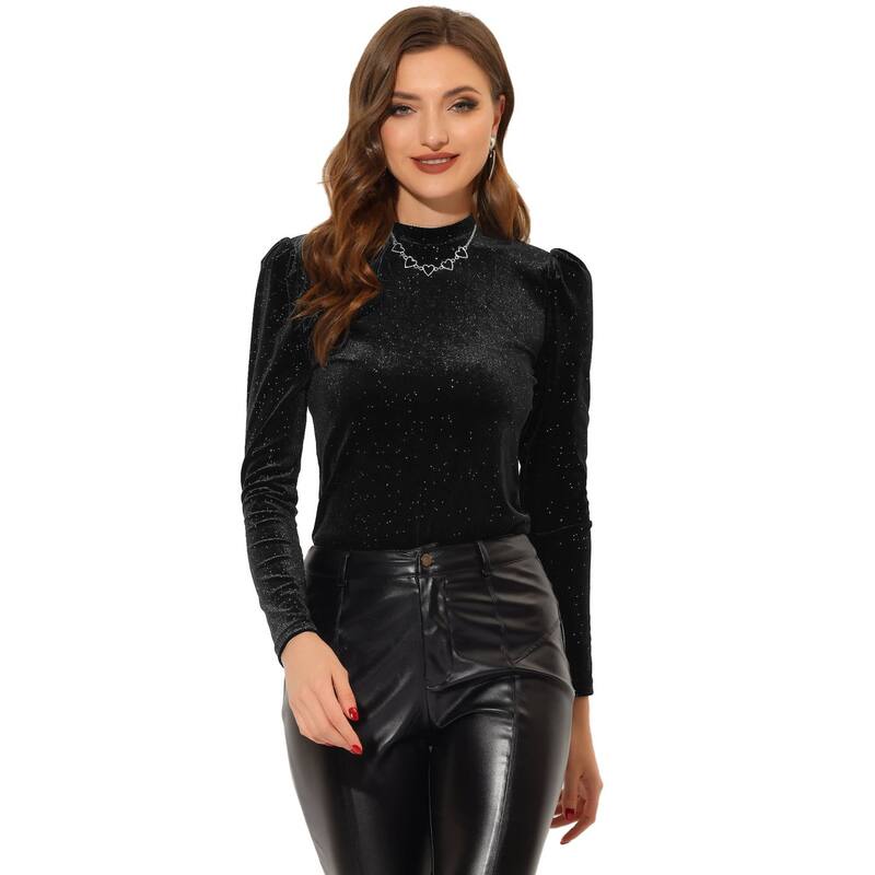 アレグラ ケー レディース トップス シャツ ヴィンテージ モックネック トール ベルベット ALLEGRA K Women's Metallic Velvet Long Sleeve Mock Neck Vintage Glitter T-shirt Black ブラック