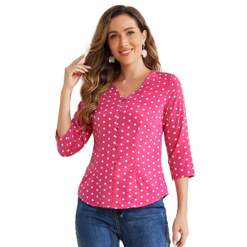 アレグラ ケー レディース トップス シャツ ドット ブラウス ALLEGRA K Women's Polka Dots 3/4 Sleeve Casual Button Front Blouse Top Hot Pink ピンク|ReVida 店