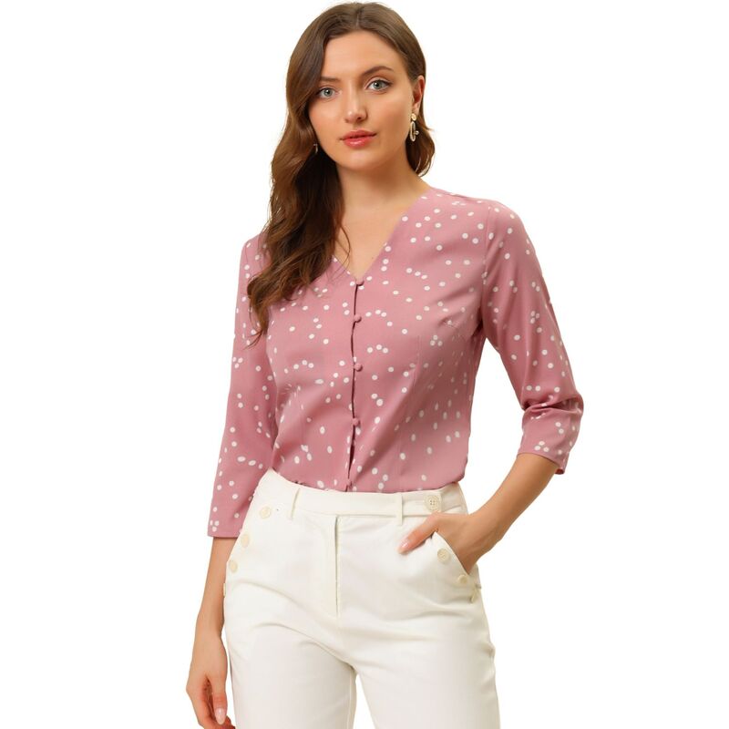 アレグラ ケー レディース トップス シャツ ドット ブラウス ALLEGRA K Women's Polka Dots 3/4 Sleeve Casual Button Front Blouse Topink ピンク｜ReVida 店 9,865円
