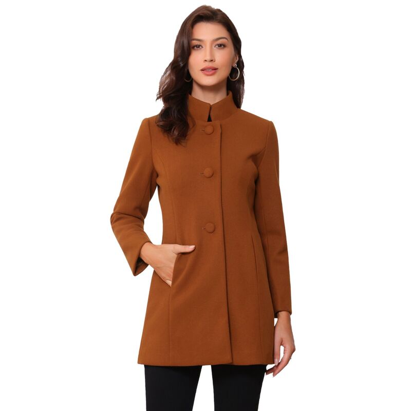 アレグラ ケー レディース アウター ジャケット・ブルゾン コート ALLEGRA K Women Winter Stand Collar Long Sleeve Single Breasted Long Overcoat Brown Red レッド