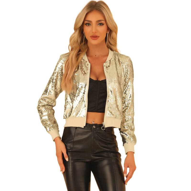 アレグラ ケー レディース アウター 上衣・上衣 スパンコール クロップド ALLEGRA K Women\u0027sequin Party Long Sleeve Zipper Up Cropped Bomber Jacket Apricots