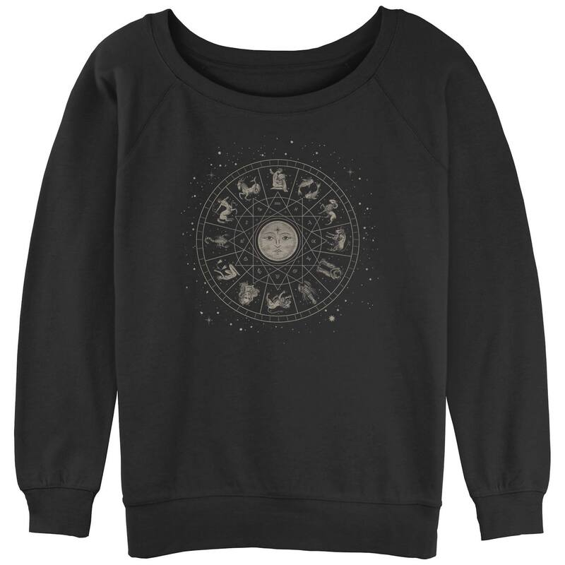 アニメキャラクター レディース トップス Tシャツ パイル ヒール Licensed Character Juniors' Zodiac Sign Horoscope Wheel Slouchy Terry Black ブラック